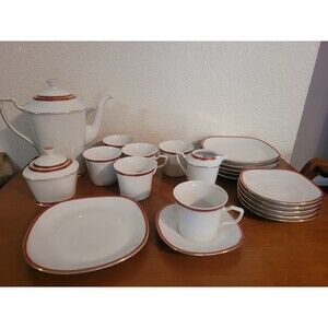 COMPLETE 20 PC Schirnding Bavaria Tea Set Red Gold  Germany Qualitats Porzellan